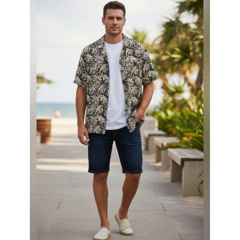 NWT Free Planet Tropical Palm Leaf Button Up Shirt Men's Size 1X Short Sleeve